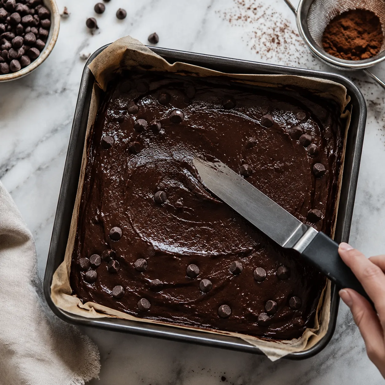 Spreading keto brownie batter with almond flour into a baking pan