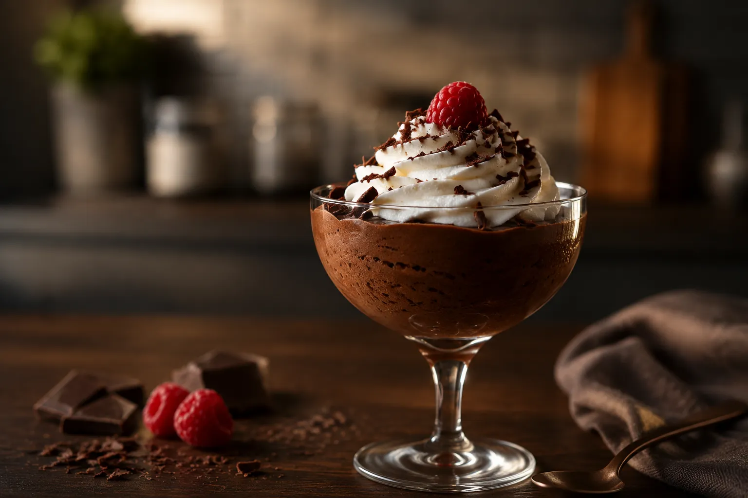 Keto chocolate mousse dessert in a glass with whipped cream
