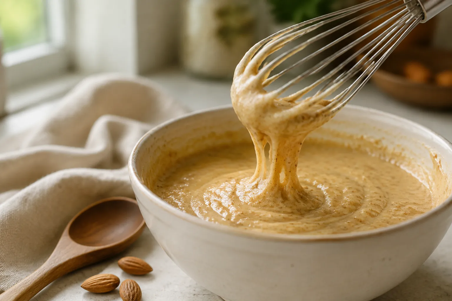Mixing almond flour banana bread batter in a ceramic bowl