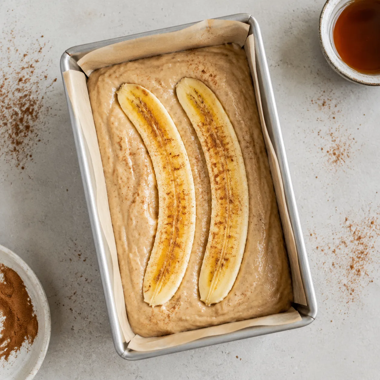Almond flour banana bread batter in loaf pan ready to bake