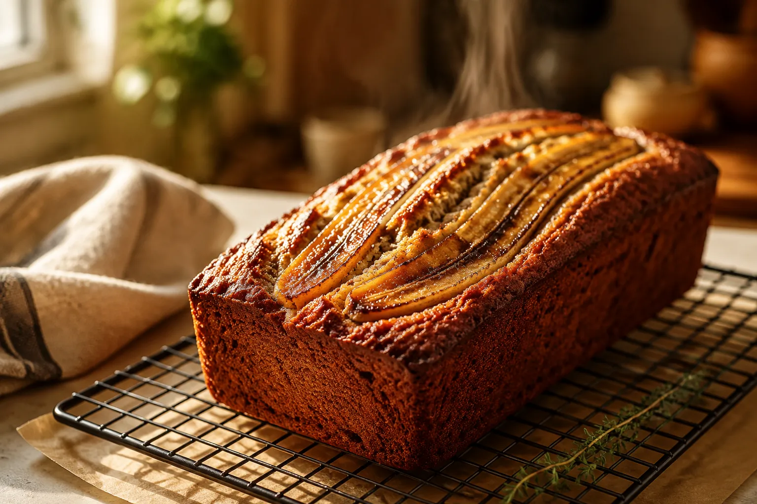 Whole almond flour banana bread loaf cooling on a wire rack