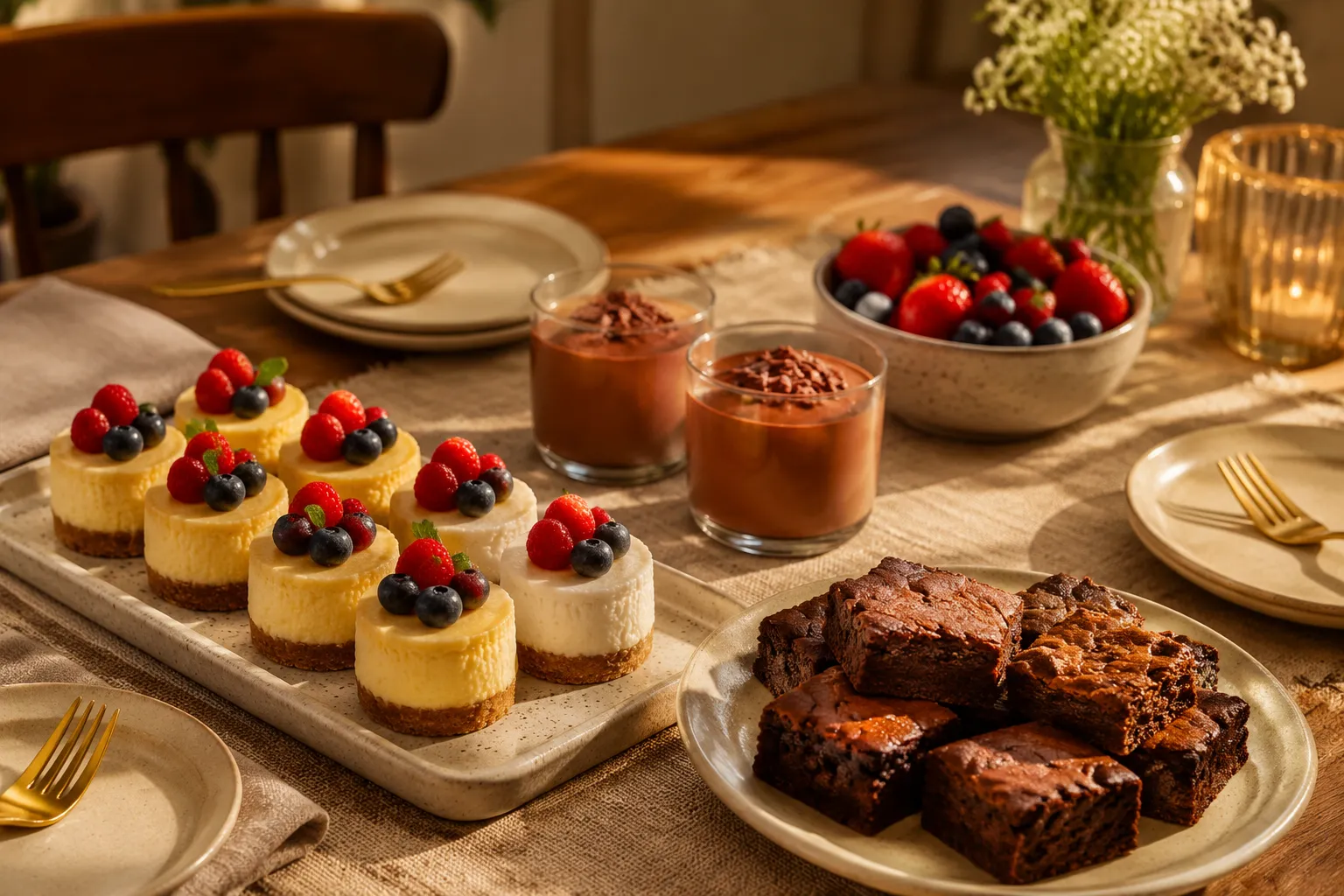 Keto desserts table spread with cheesecake bites, brownies, and mousse