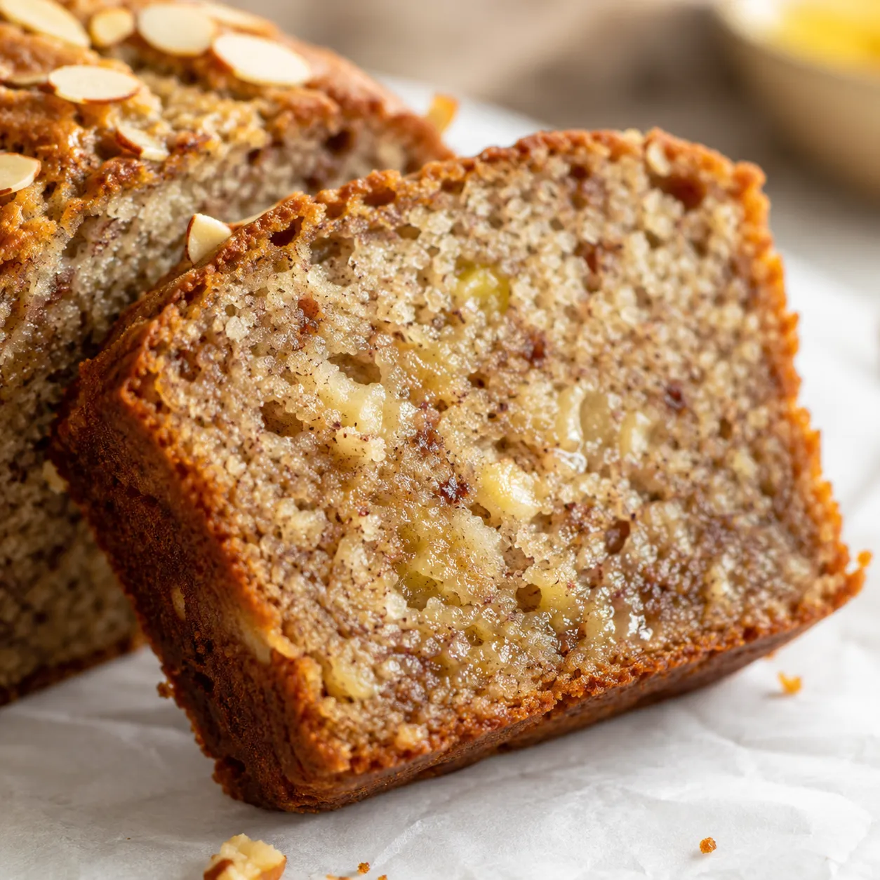 Close-up of moist crumb in a slice of almond flour banana bread