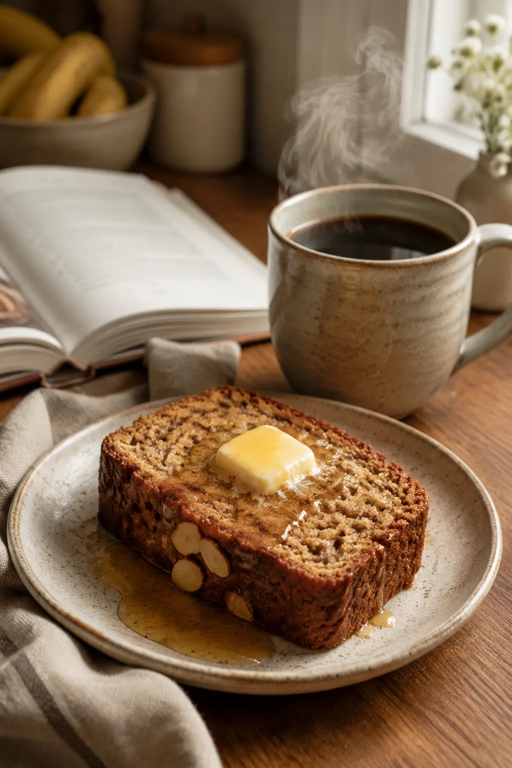 Slice of almond flour banana bread served with butter and coffee