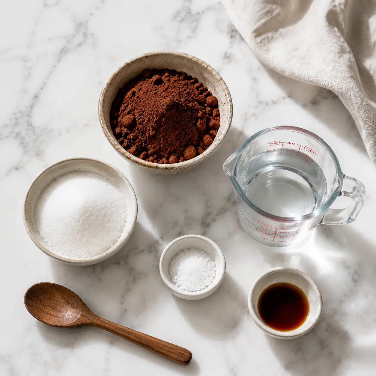 Chocolate syrup ingredients flatlay with cocoa powder, sugar, and vanilla