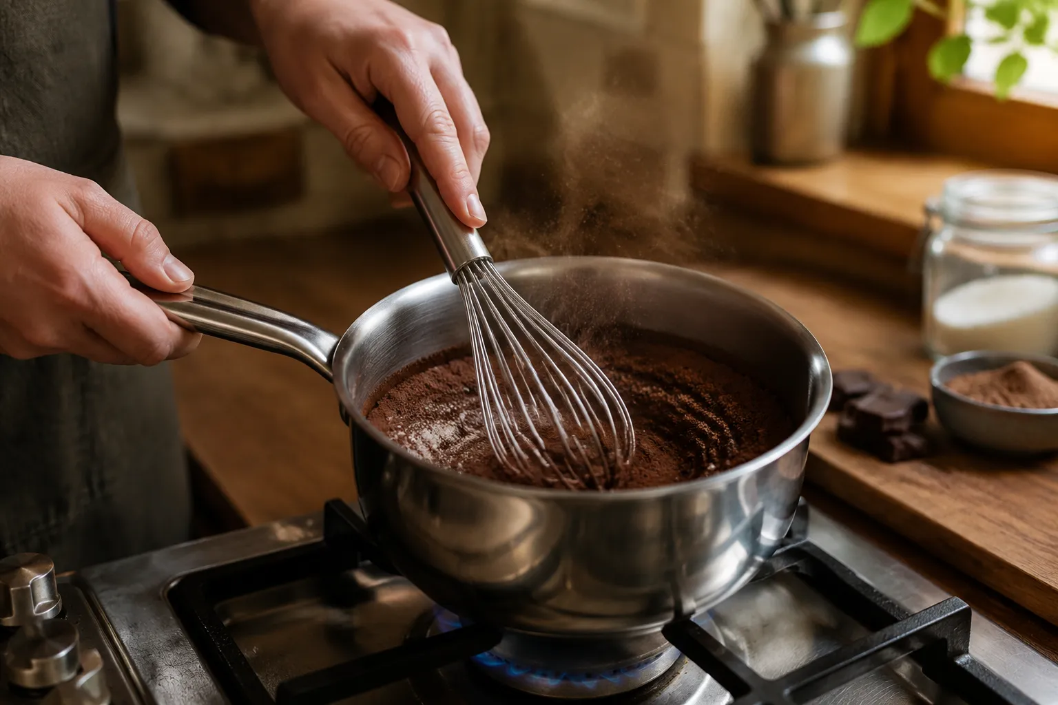 Whisking cocoa powder and sugar in a saucepan for homemade chocolate syrup