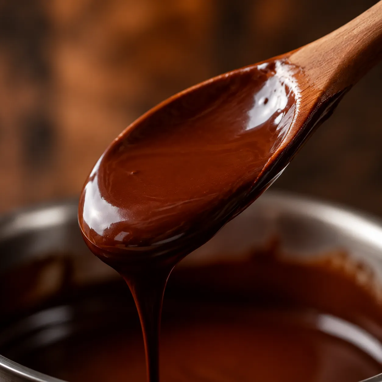 Glossy chocolate syrup coating a wooden spoon