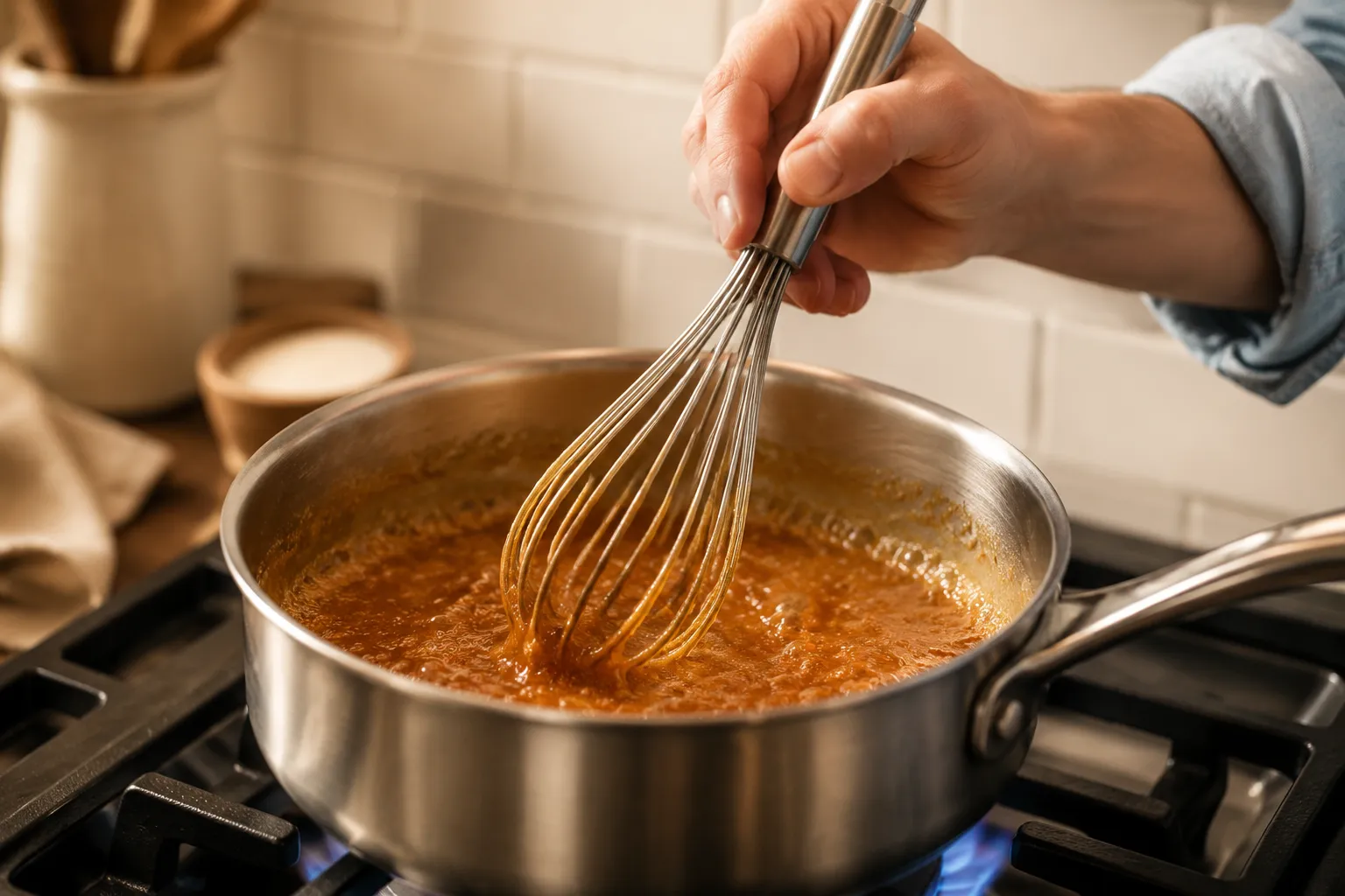 Whisking brown sugar ham glaze in a saucepan until thickened