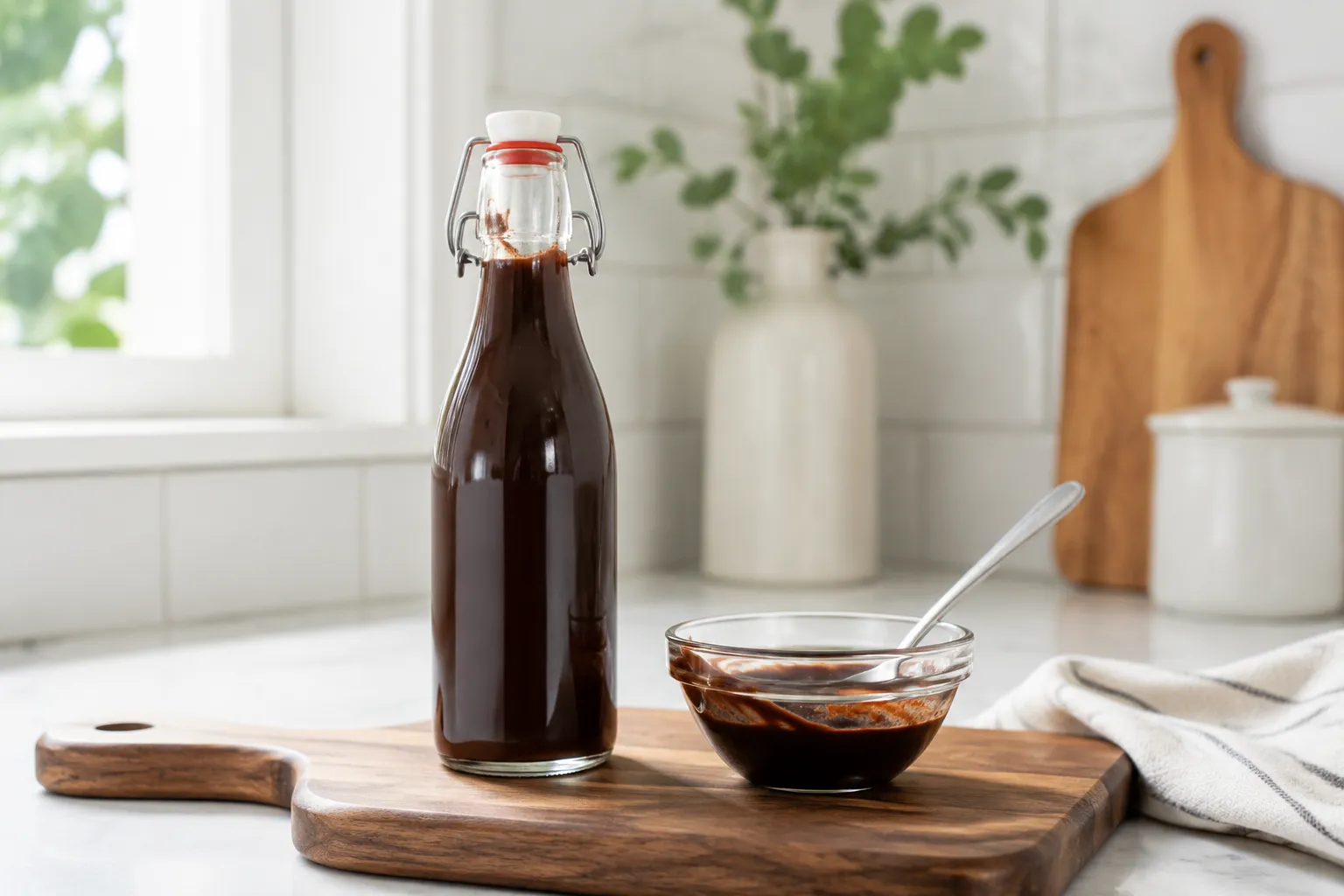 Homemade chocolate syrup bottled in a swing-top glass jar