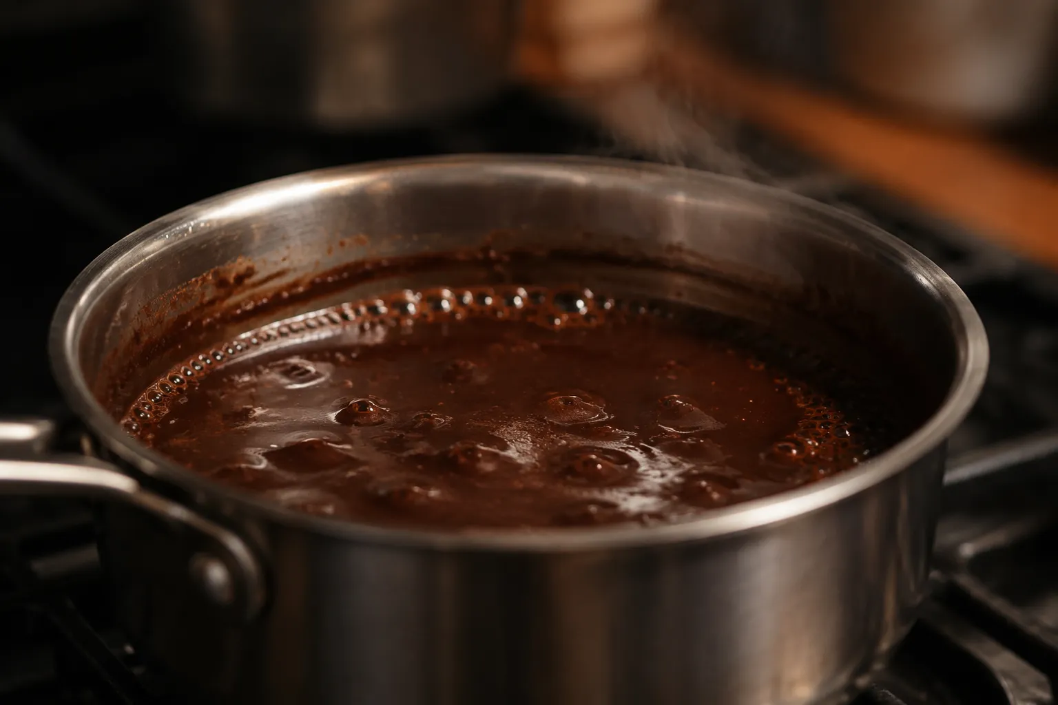 Chocolate syrup simmering on the stove until glossy