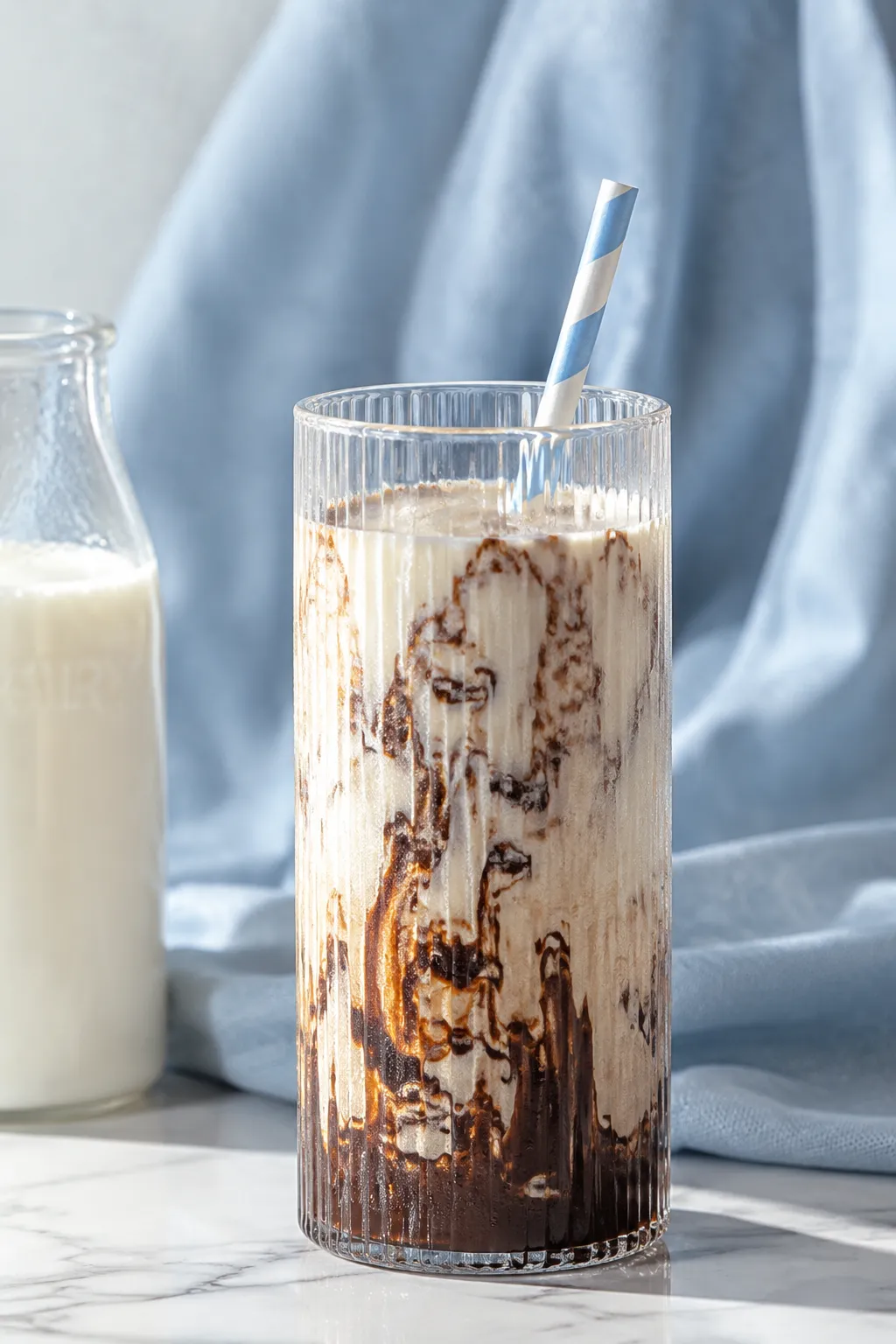 Chocolate syrup swirling into a cold glass of chocolate milk