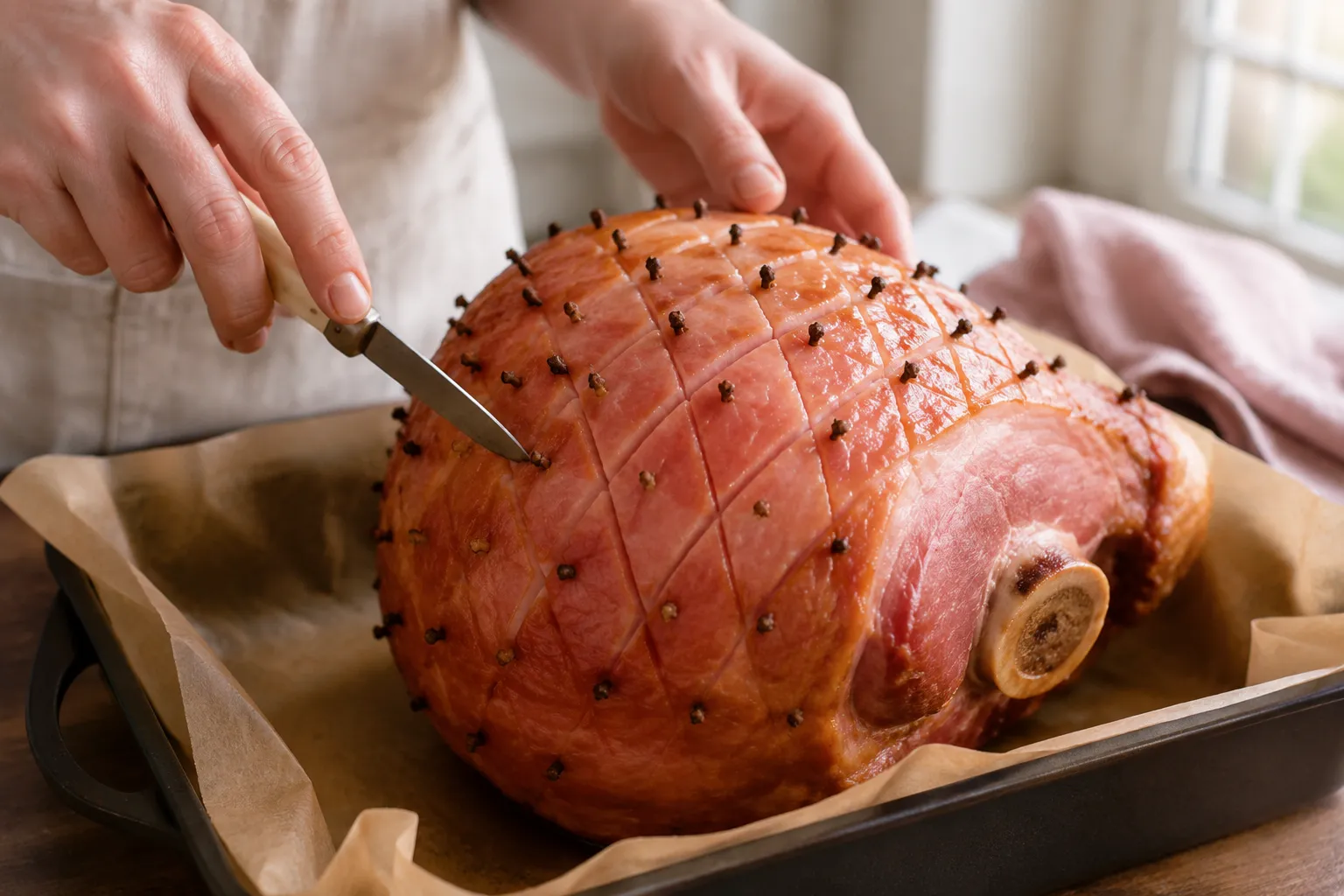 Scoring a bone-in ham in a diamond pattern before applying glaze