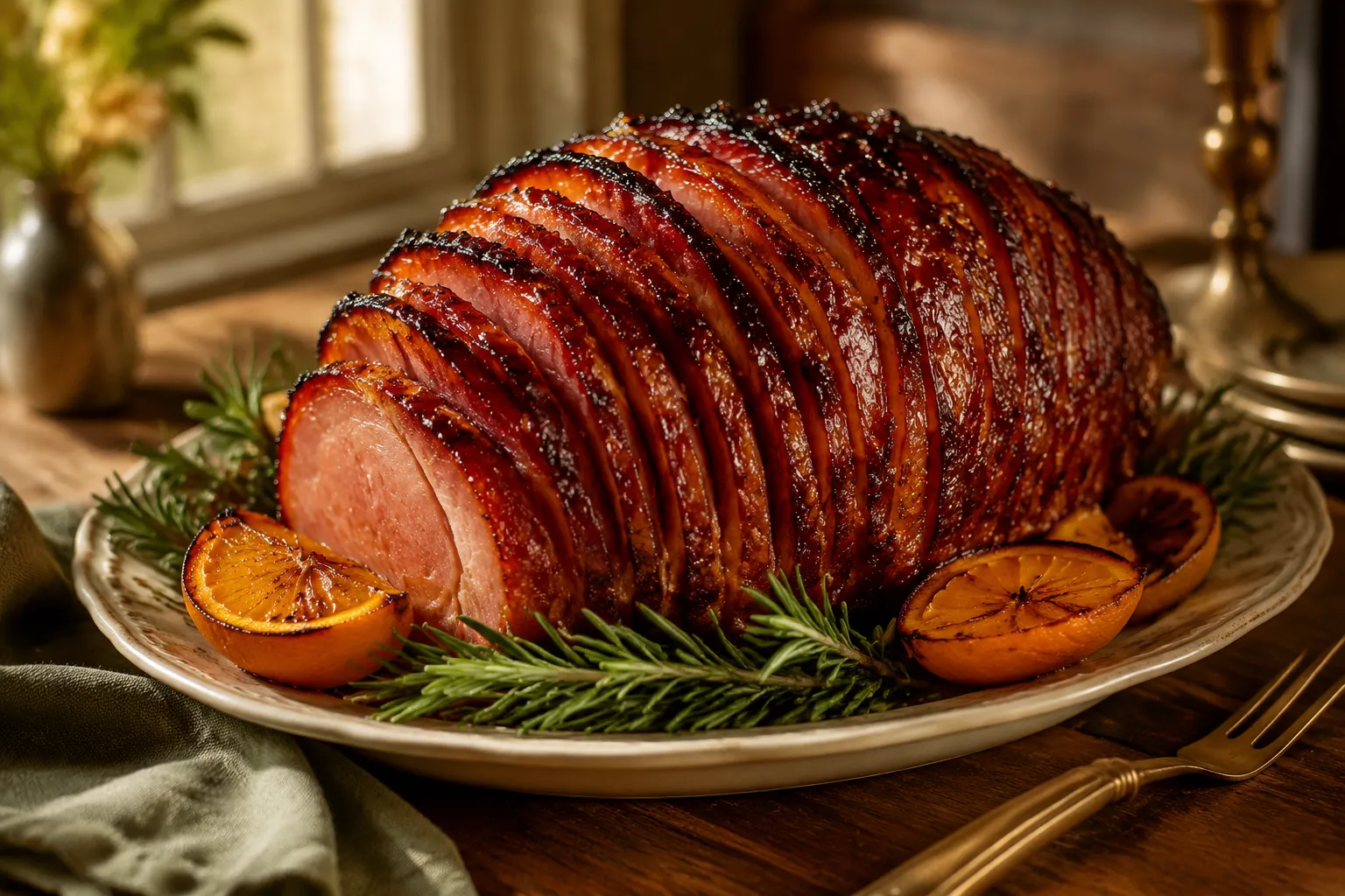 Finished glazed holiday ham resting on a platter with rosemary and oranges