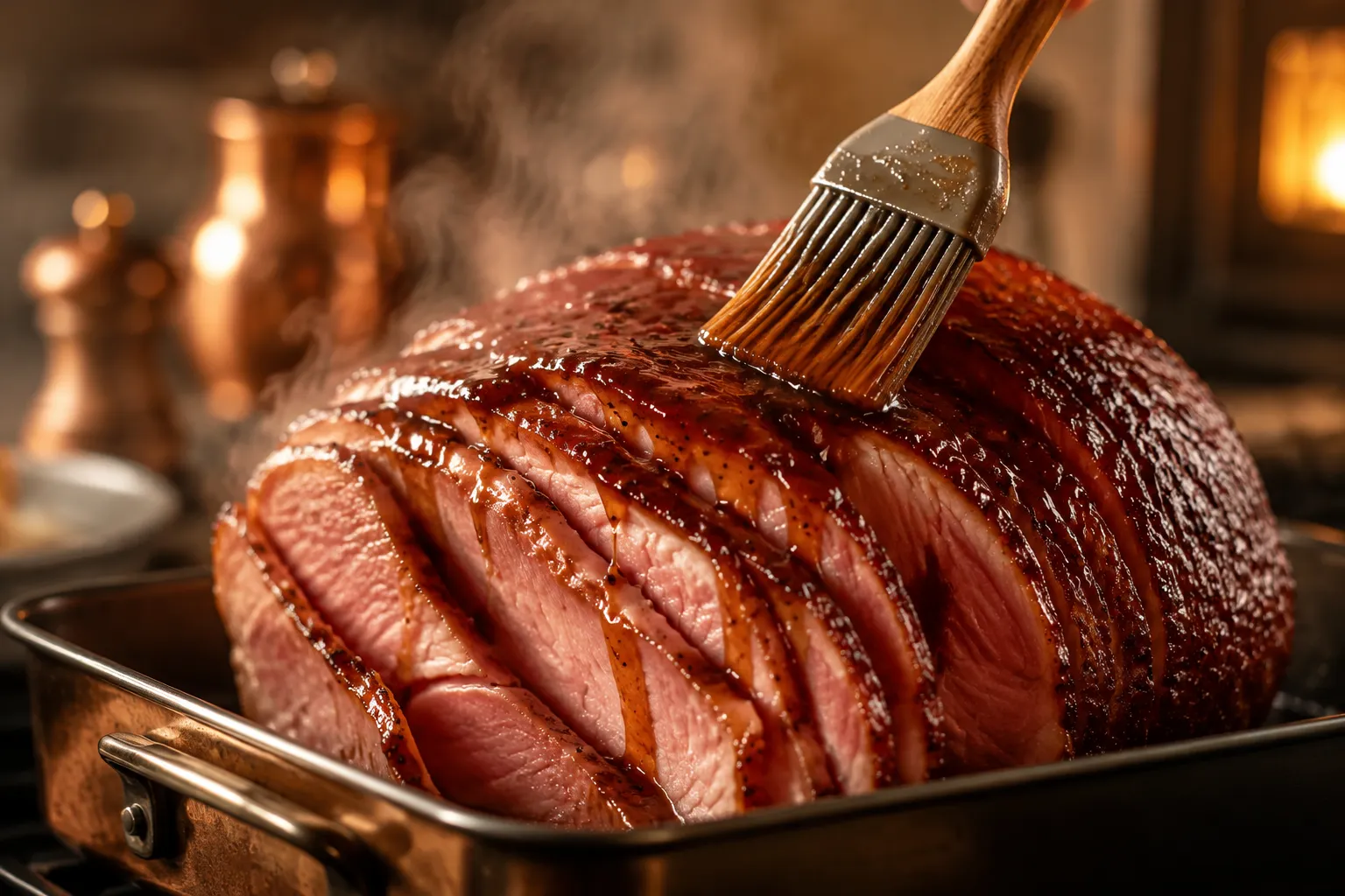 Brushing ham glaze recipe over a spiral ham during baking