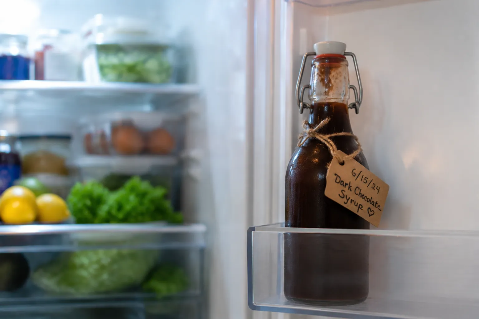 Storing homemade chocolate syrup in a labeled bottle in the fridge