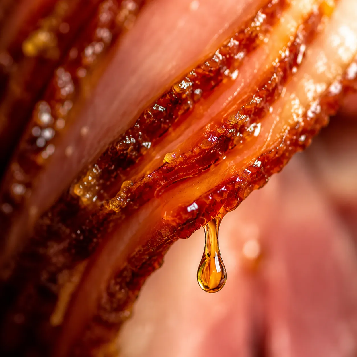 Close-up of sticky brown sugar ham glaze dripping over spiral ham slices