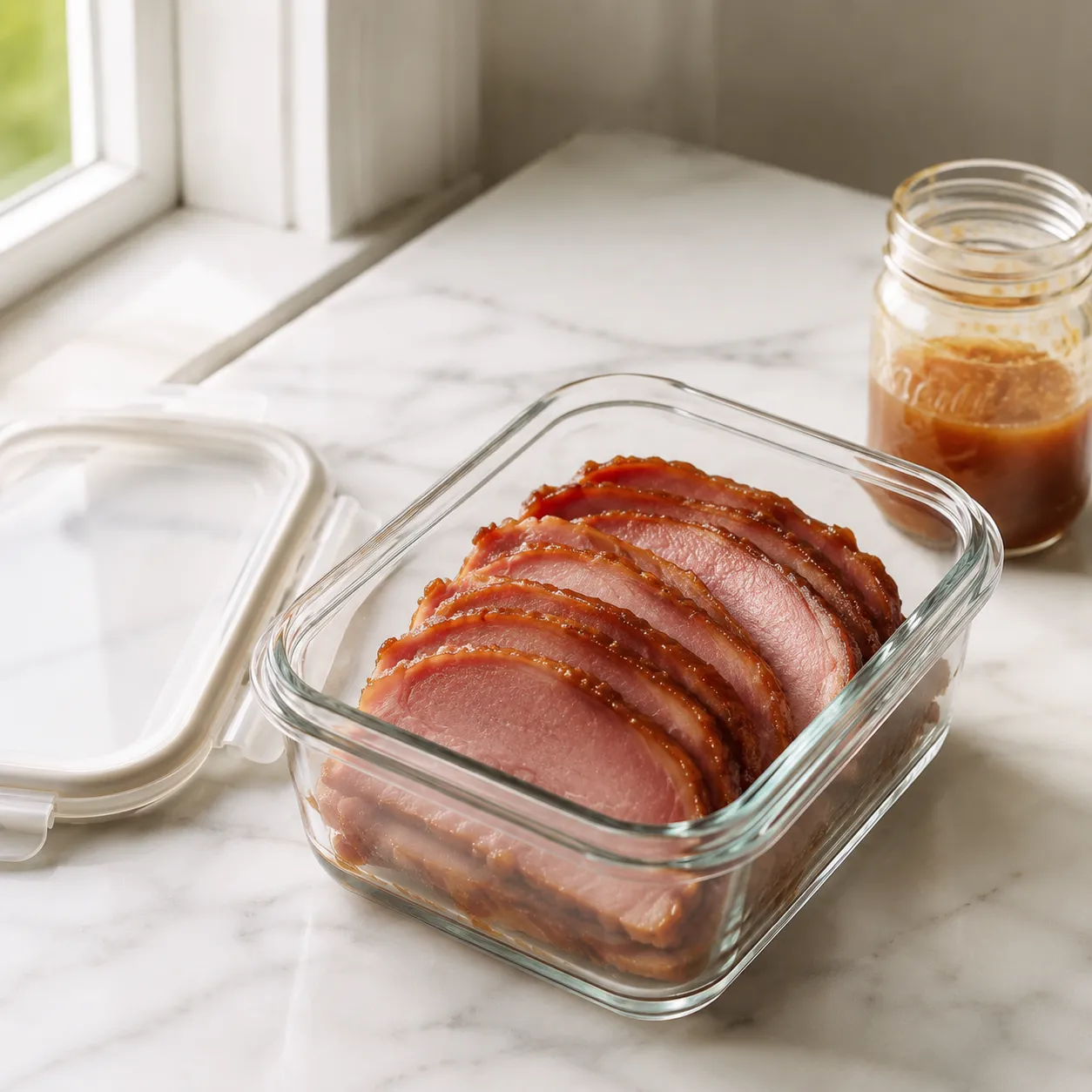 Leftover glazed ham stored in a glass container with extra glaze in a jar