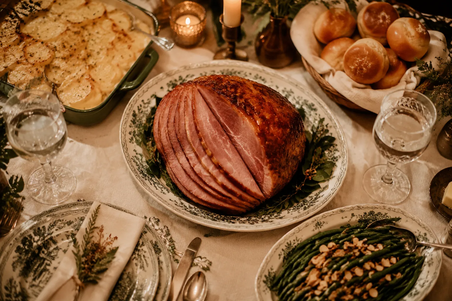Sliced glazed ham served on a holiday table with classic side dishes