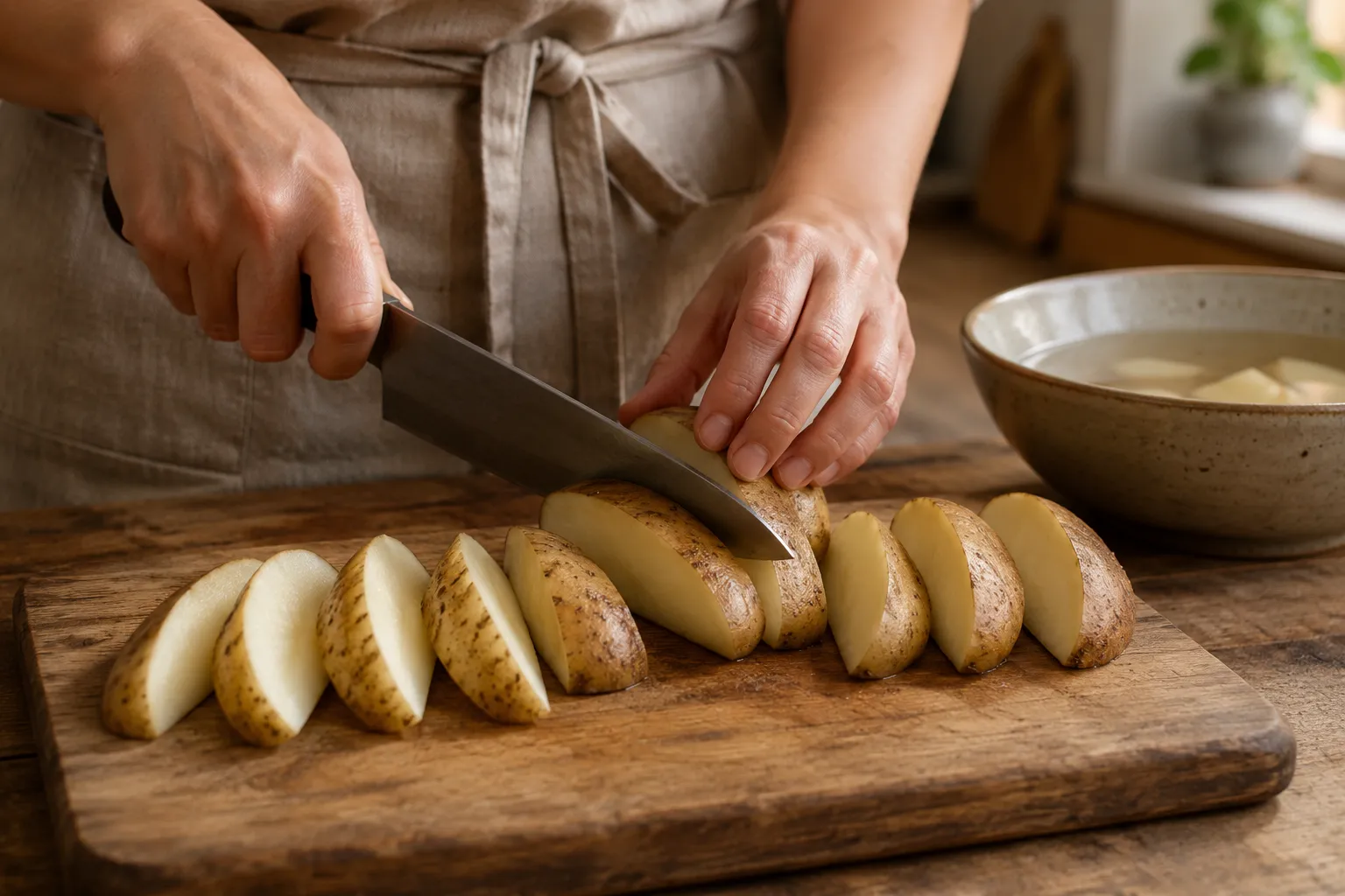 Cutting russet potatoes into wedges for a KFC potato wedges recipe