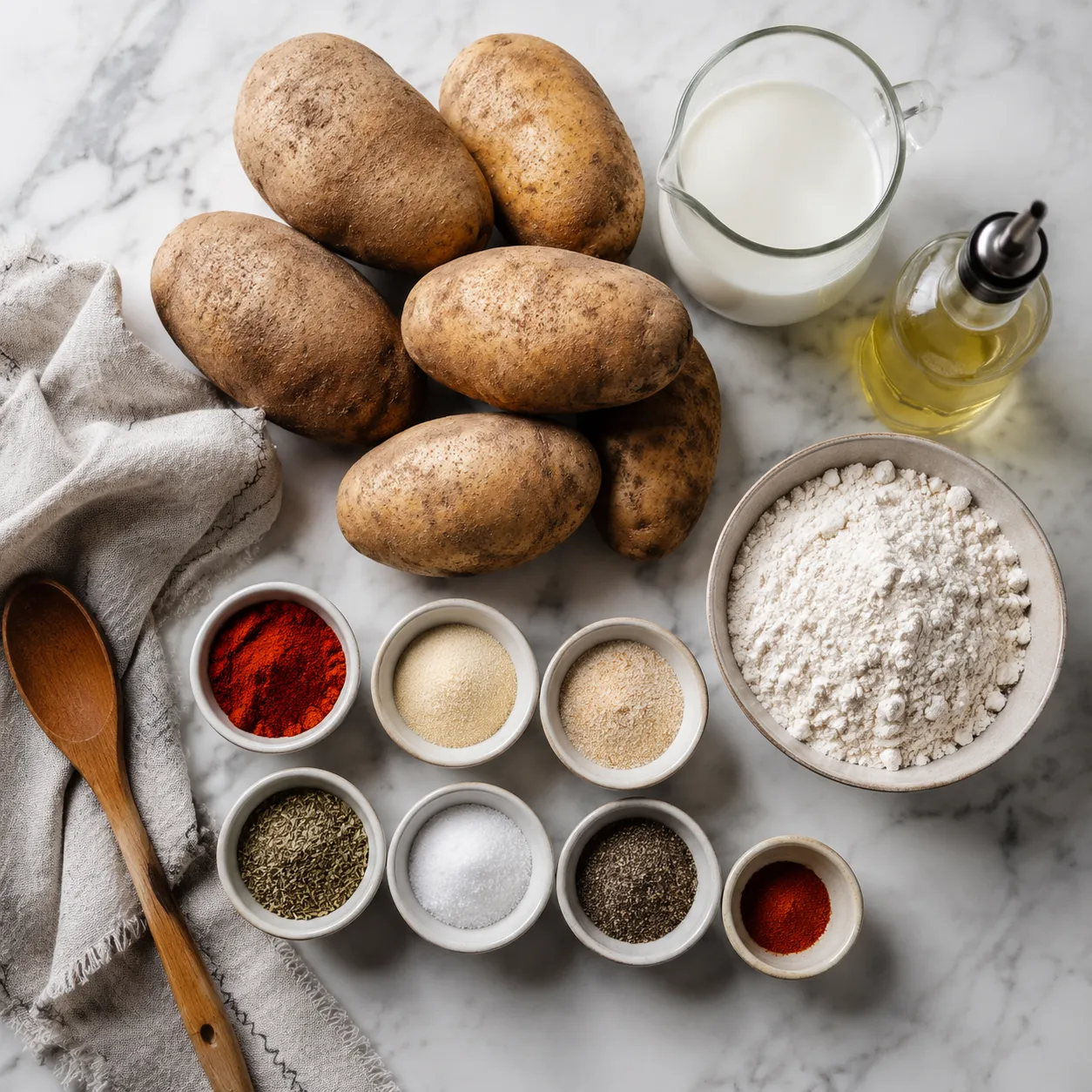 Ingredients for homemade KFC potato wedges including russets, flour, and seasonings