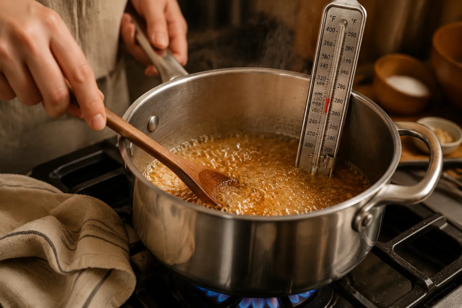 Cooking butter and sugar to hard-crack stage for toffee recipe