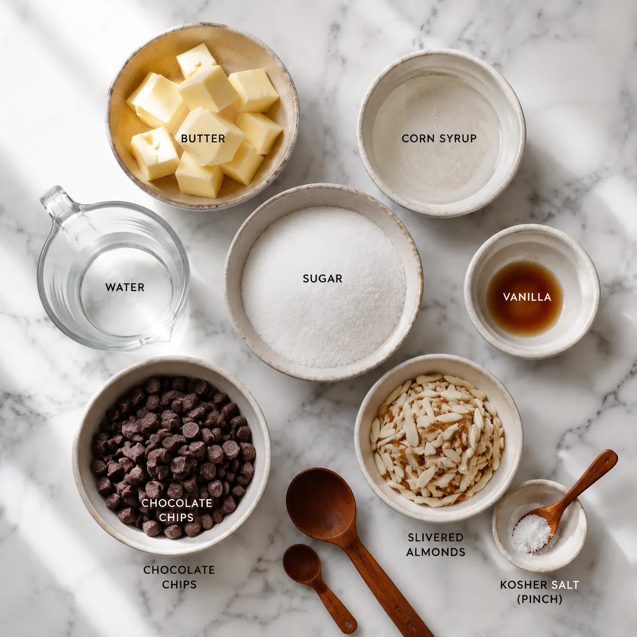Ingredients for English toffee recipe in prep bowls on marble