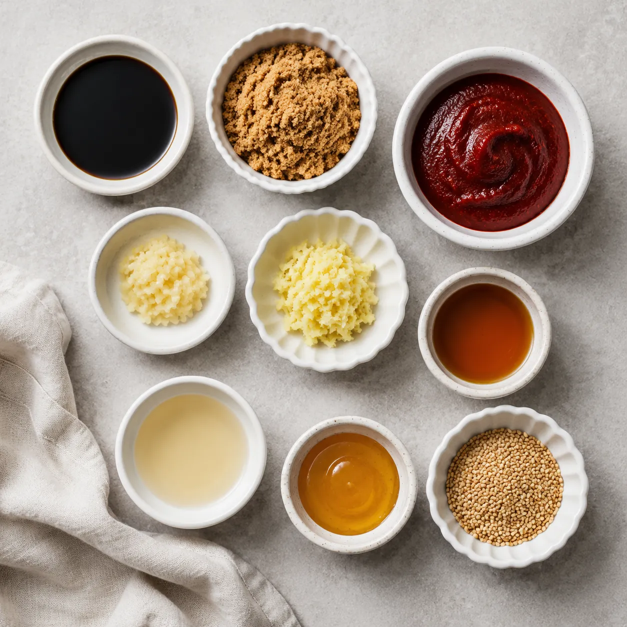 Korean BBQ sauce ingredients flatlay with gochujang, soy sauce, garlic and brown sugar