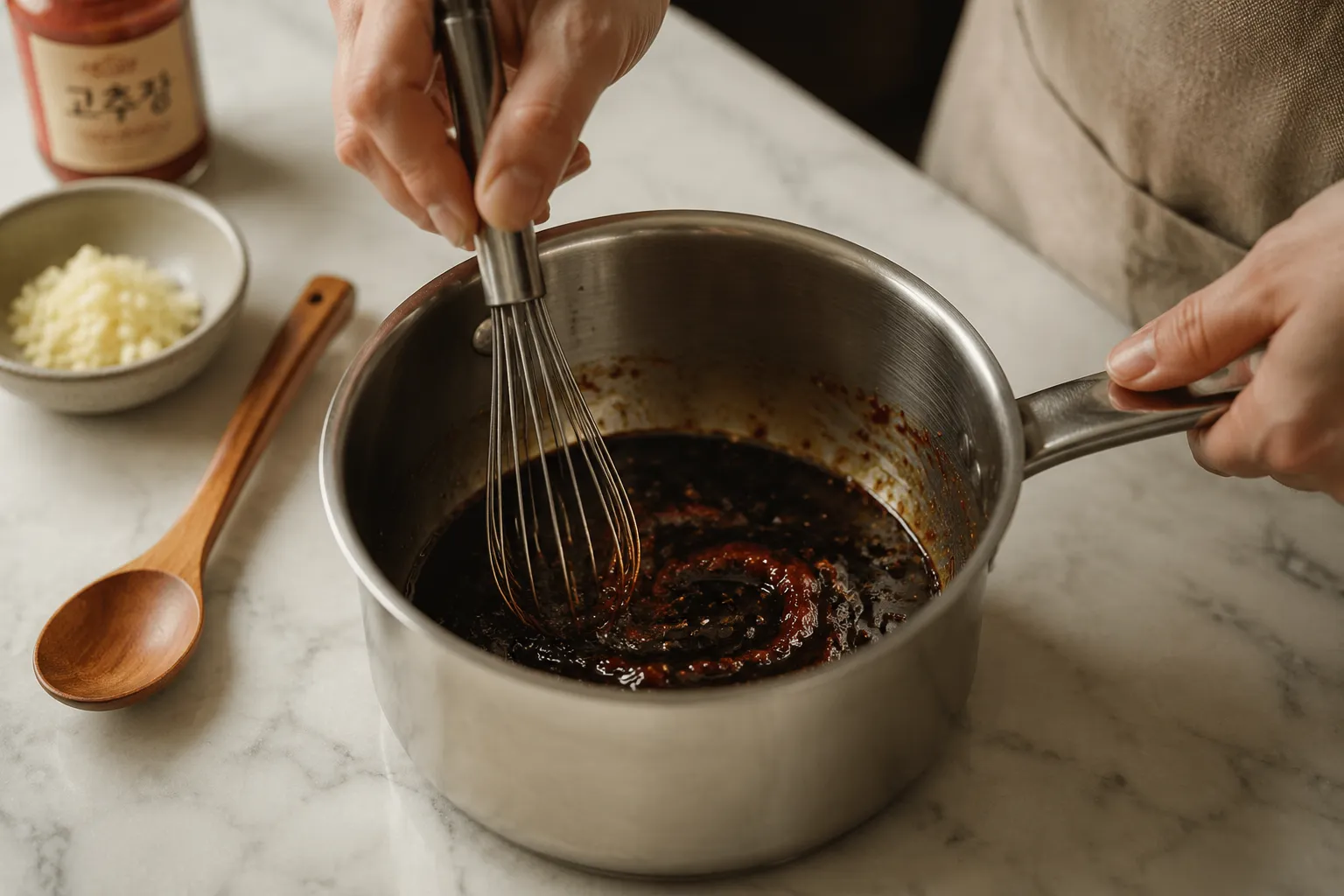 Whisking gochujang, soy sauce and brown sugar for Korean BBQ sauce