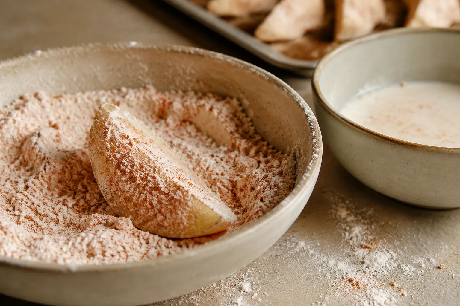 Dredging potato wedge in seasoned flour for crispy KFC-style coating