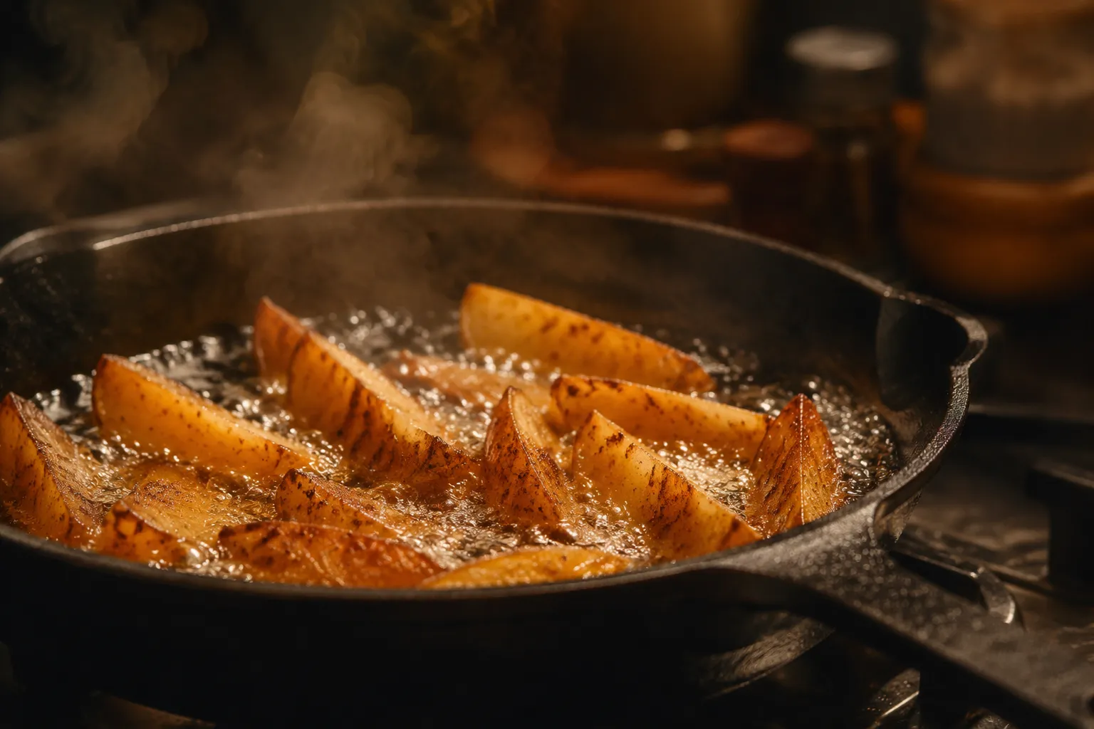 Frying KFC-style potato wedges to crispy golden brown in hot oil