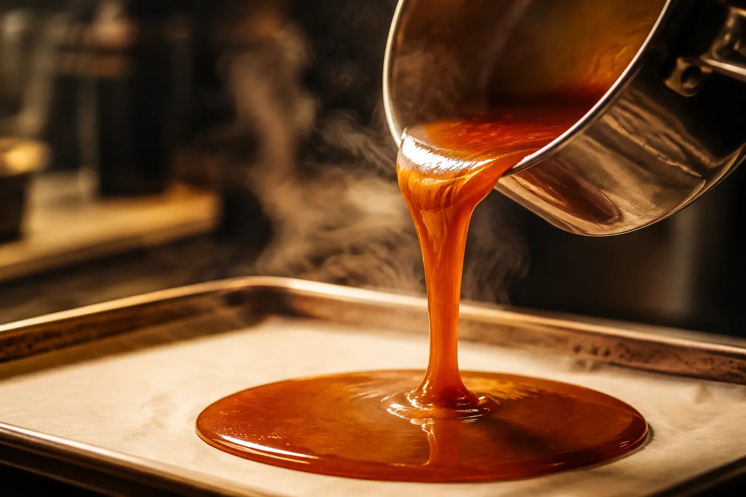 Pouring hot homemade toffee onto a parchment-lined sheet pan