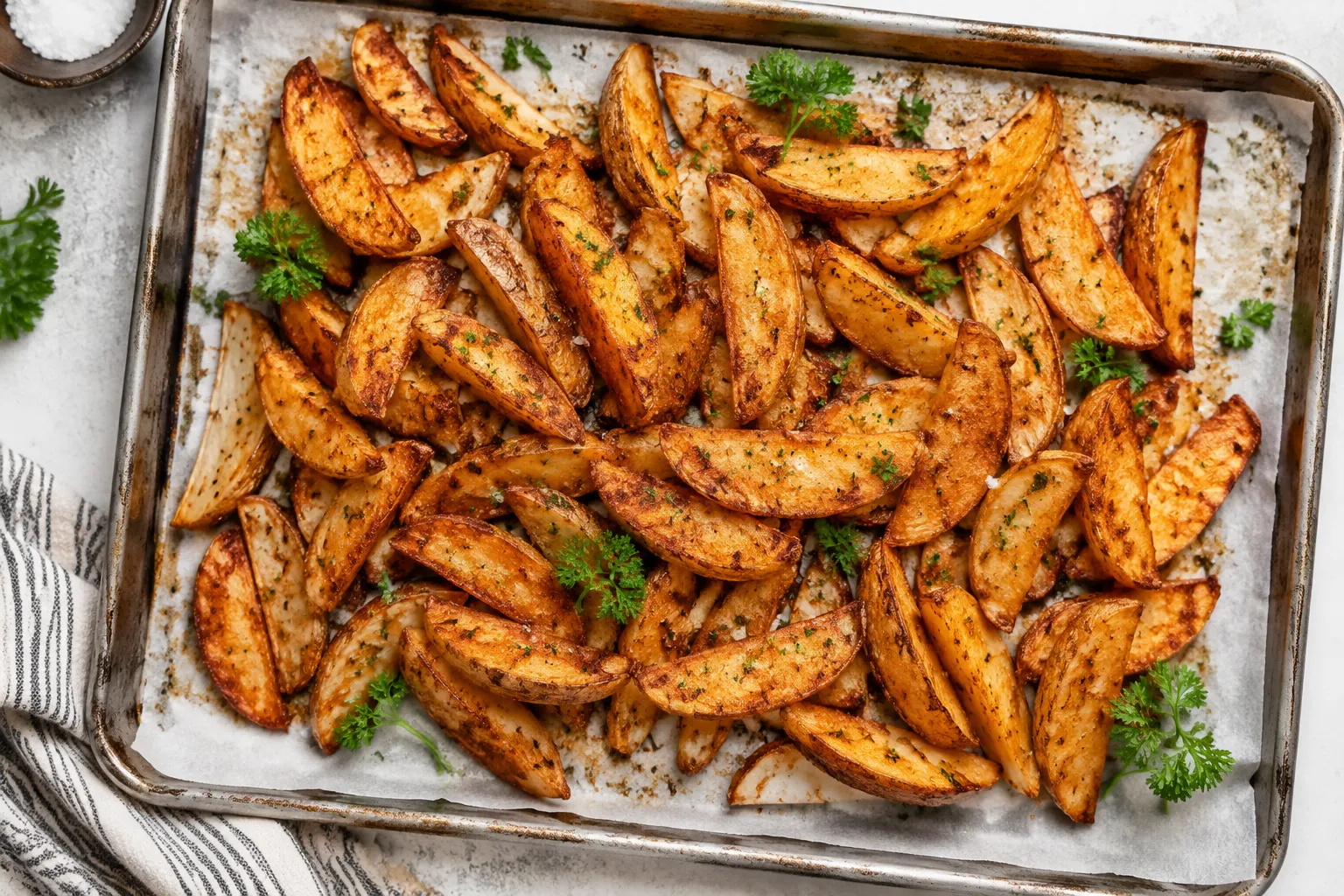Crispy homemade KFC potato wedges fresh from the fryer on parchment