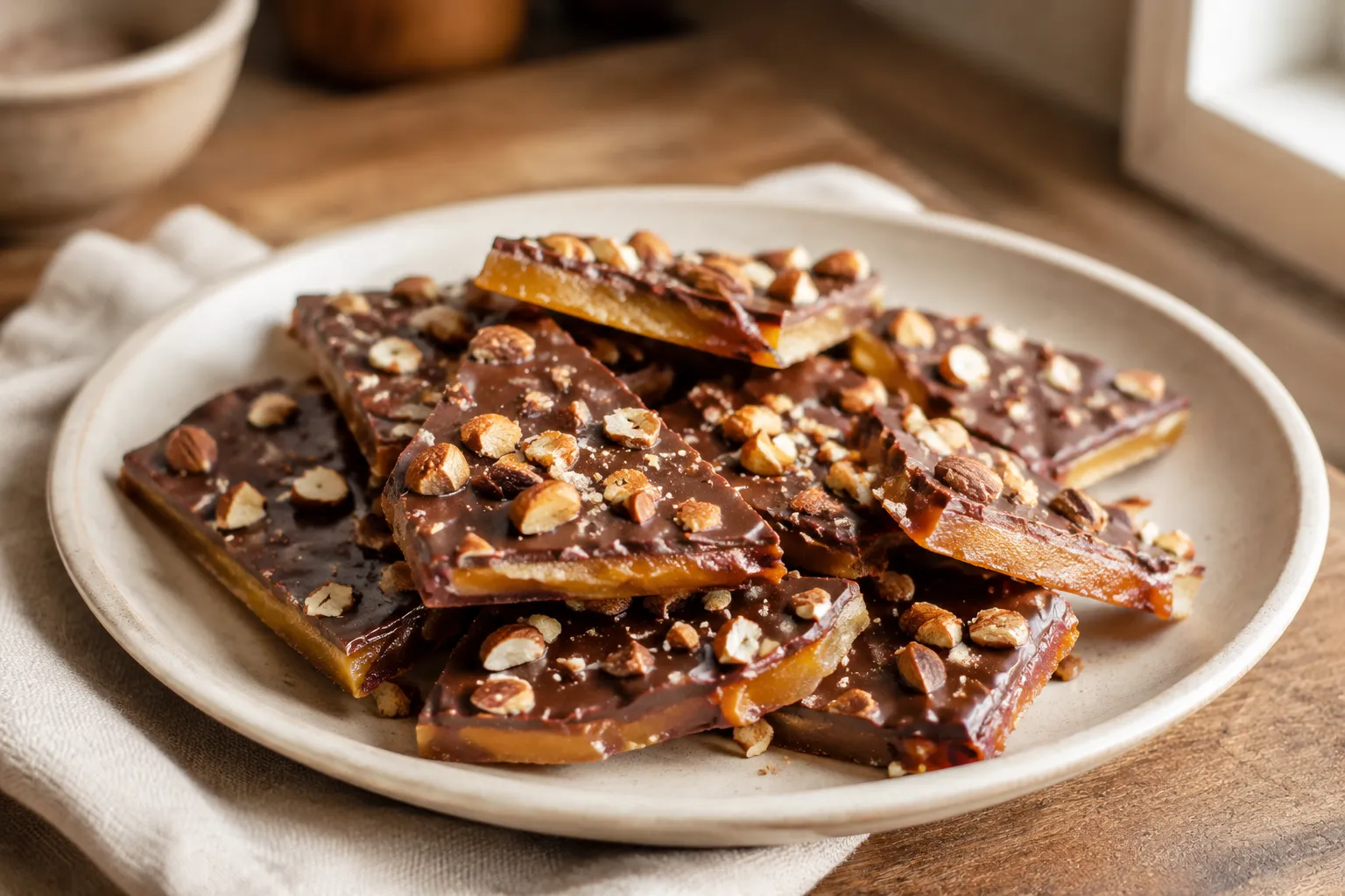 Finished English toffee recipe broken into shards on a plate