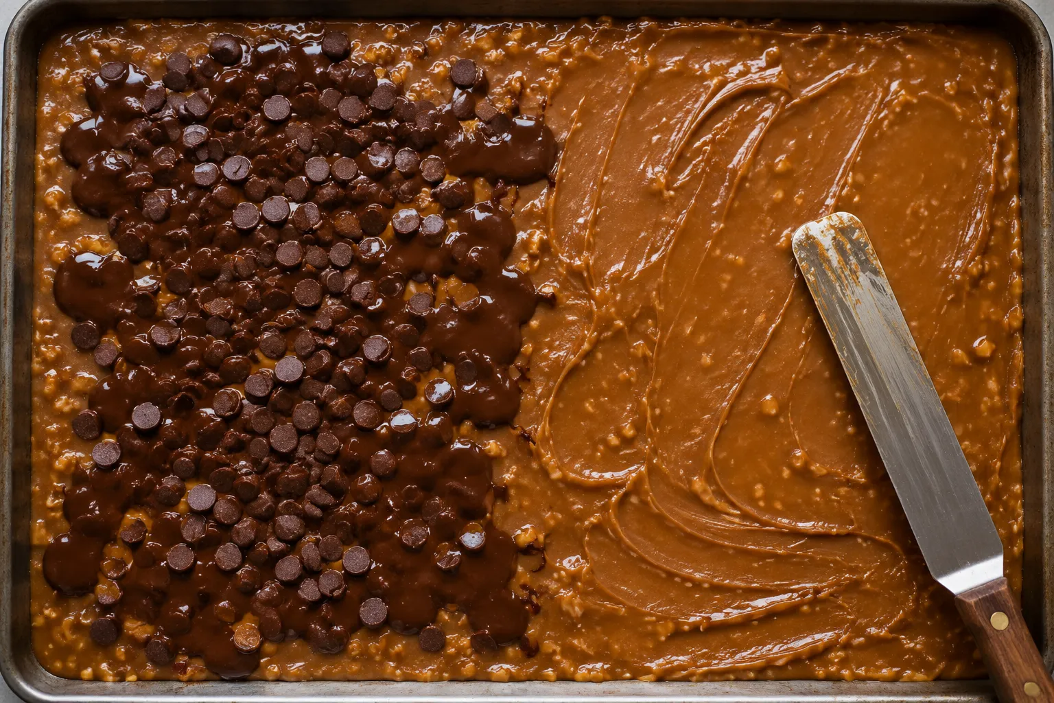 Melted chocolate spread over hot English toffee on a sheet pan