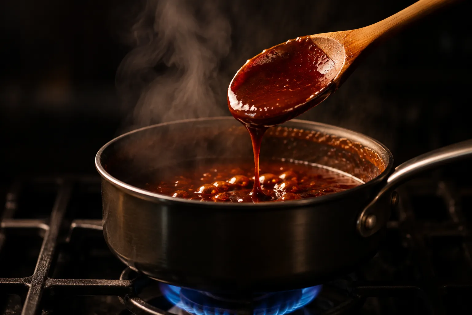 Korean BBQ sauce simmering and thickening in a saucepan