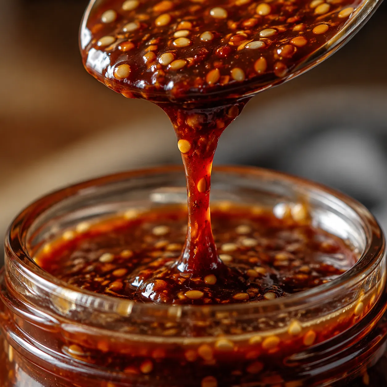 Close-up of homemade Korean BBQ sauce drizzling into a glass jar