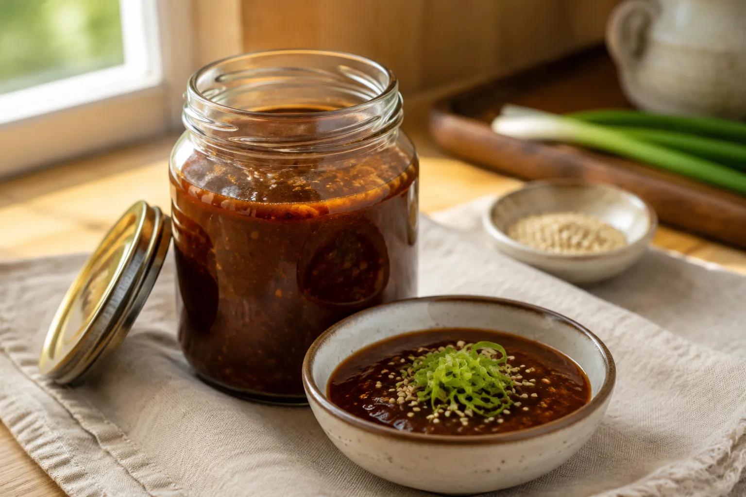 Homemade Korean BBQ sauce in a jar with a small dipping bowl