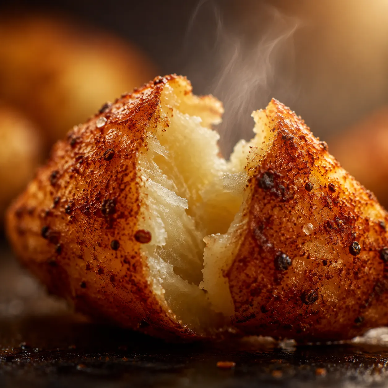 Close-up of crispy seasoned crust and fluffy interior on a KFC potato wedge