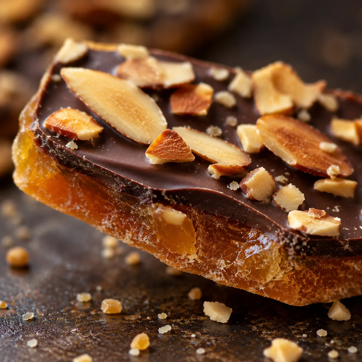 Close-up of homemade toffee recipe shard with chocolate and almonds