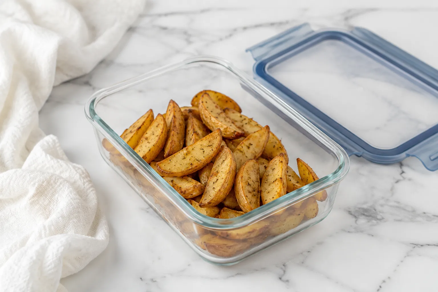 Storing leftover KFC potato wedges in a glass container for reheating