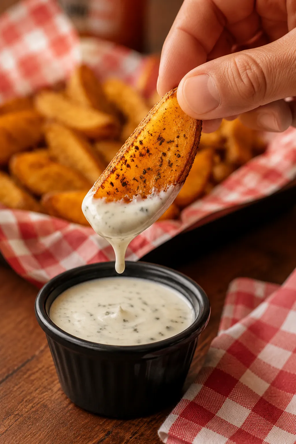 Dipping a crispy KFC potato wedge into creamy ranch sauce
