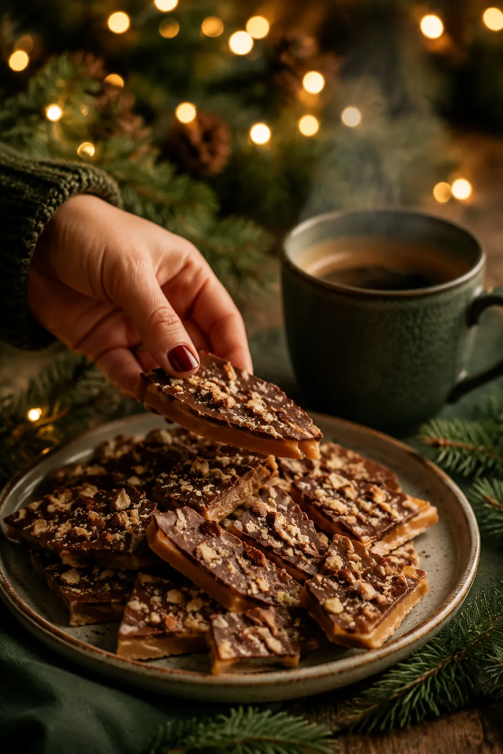 Serving English toffee recipe on a holiday platter with coffee