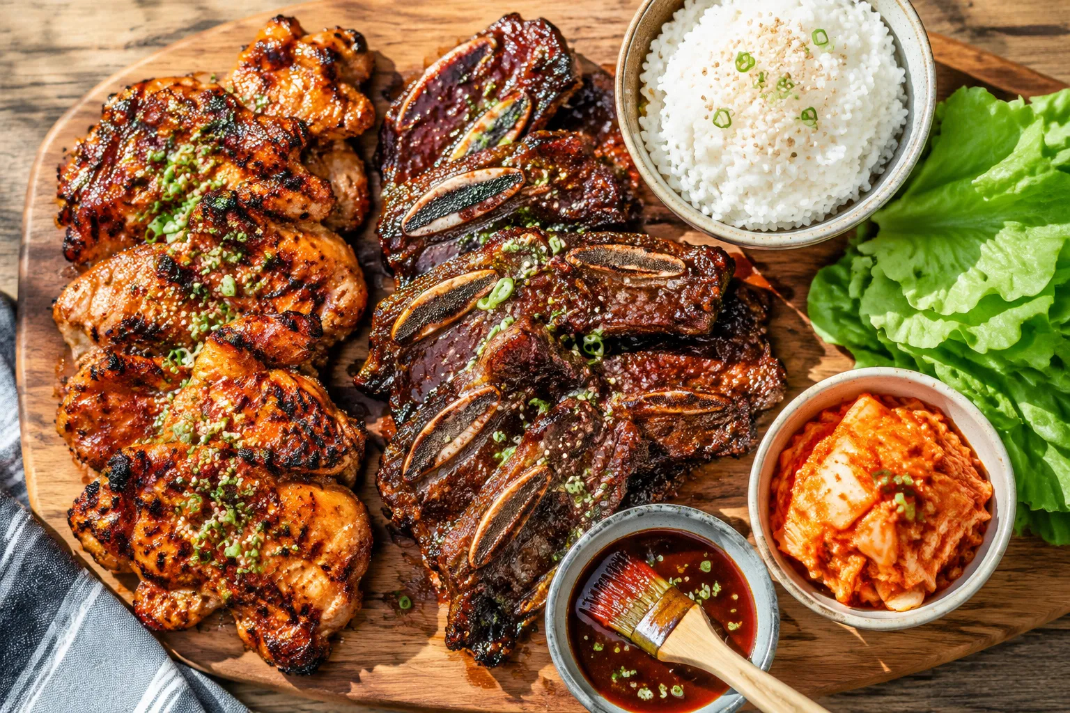 Korean BBQ sauce glazed chicken and short ribs with rice and lettuce wraps