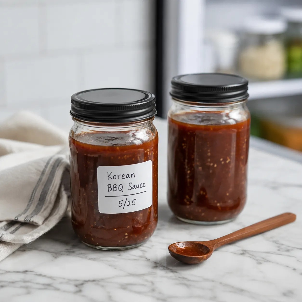 Storing homemade Korean BBQ sauce in labeled glass jars