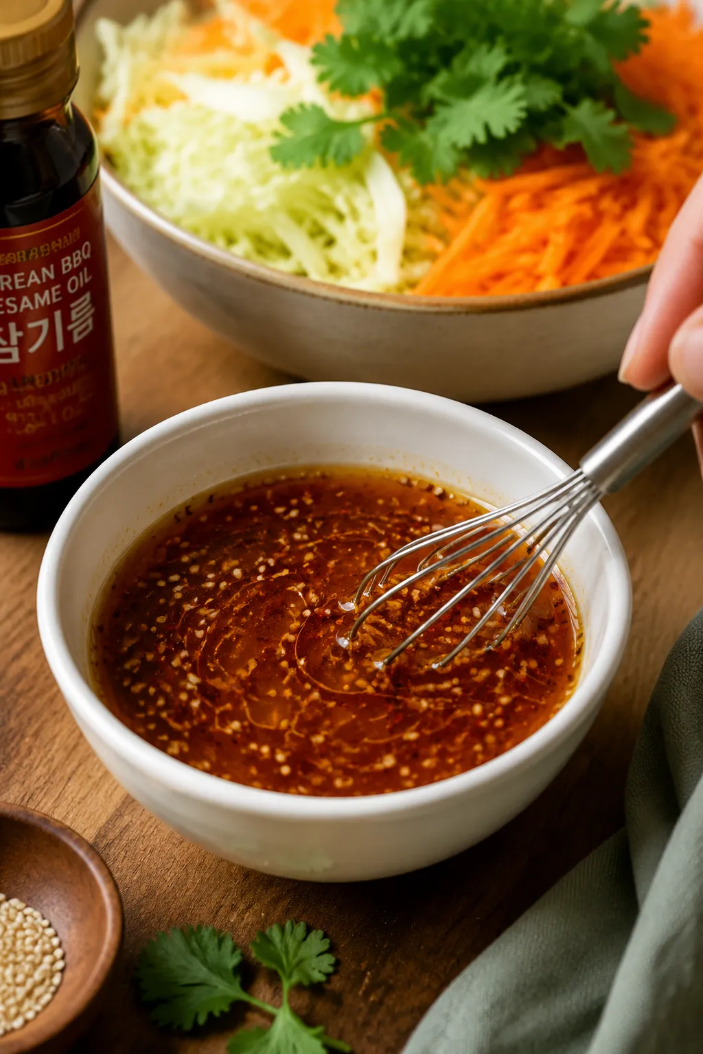 Korean BBQ dressing being whisked for an Asian slaw salad