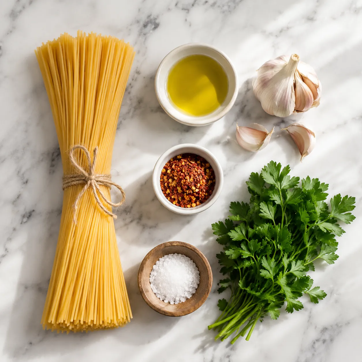 Aglio e olio ingredients flatlay with spaghetti, olive oil, garlic, parsley, and chili flakes