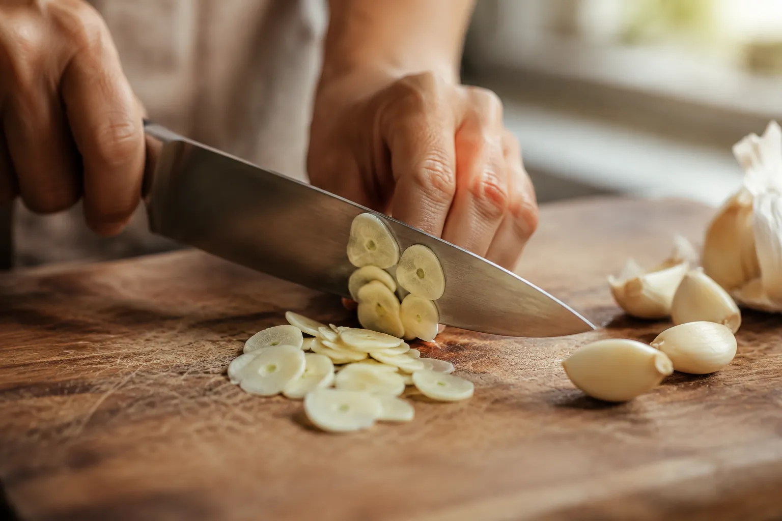 Slicing garlic paper-thin for aglio e olio recipe