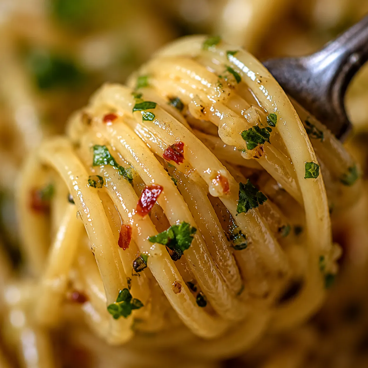 Macro close-up of aglio e olio spaghetti strands with garlic oil and chili