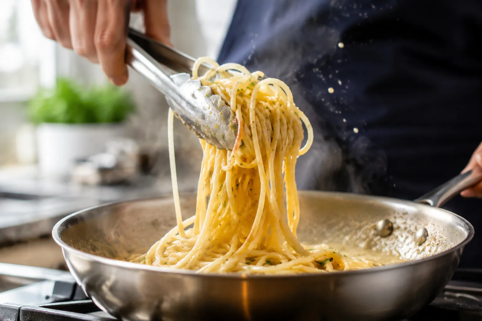 Tossing spaghetti aglio e olio with starchy pasta water for a glossy emulsion
