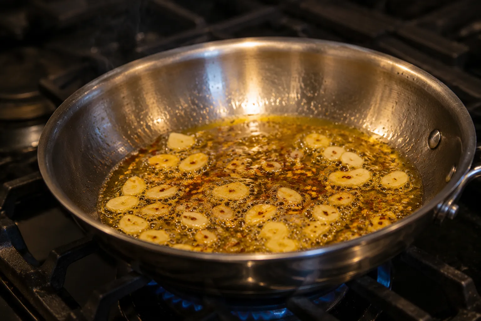Garlic and red pepper flakes sizzling in olive oil for aglio e olio sauce